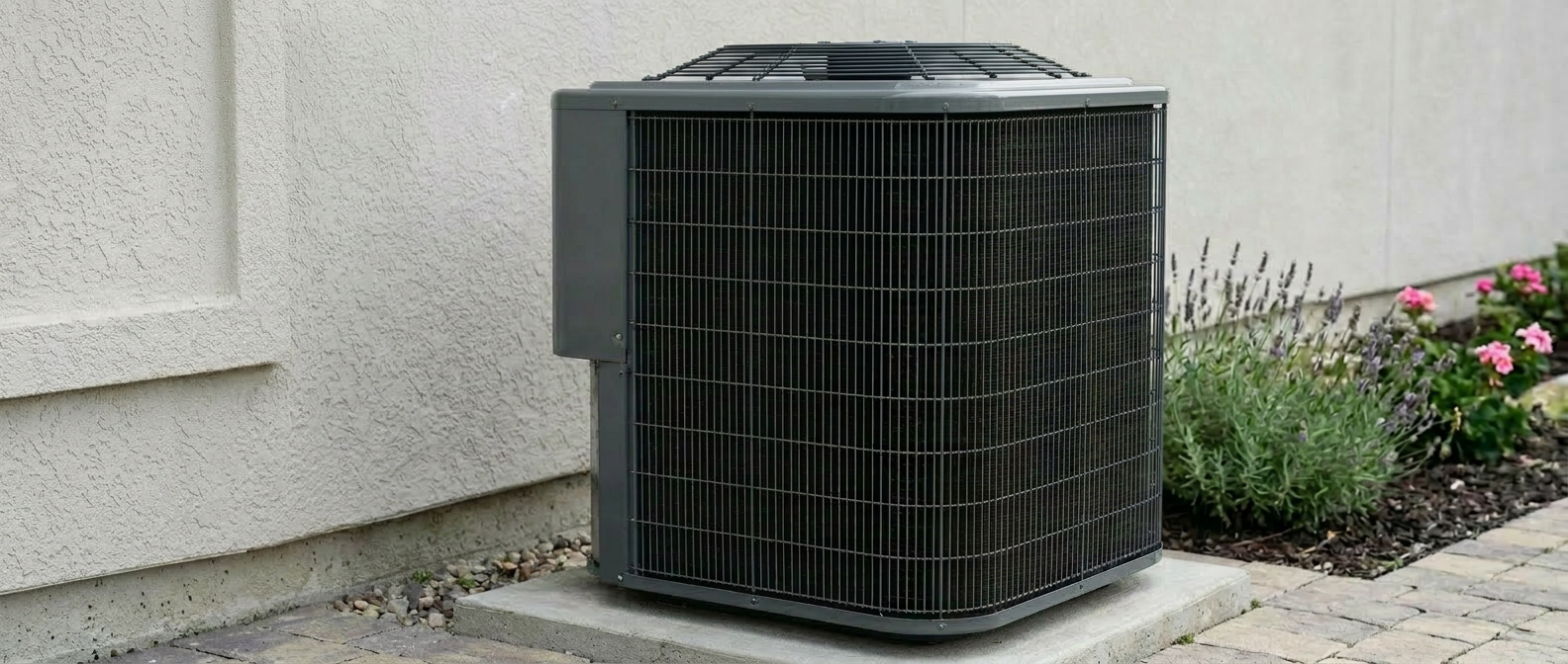 Carrier outdoor air conditioning unit beside beige house wall with electrical box